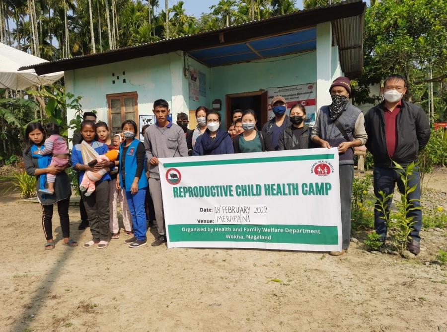 CMO Wokha Dr Tumchobeni with medical team and beneficiaries during the Reproductive Child Health Camp at Merapani HWC on February 18.